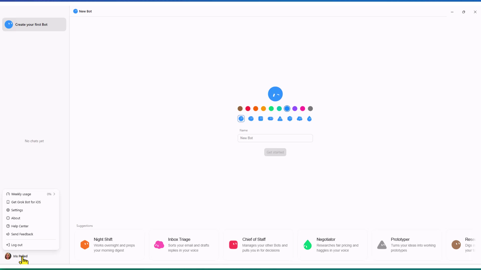 המסך הראשי עם תפריט הפרופיל פתוח, ושורת Settings