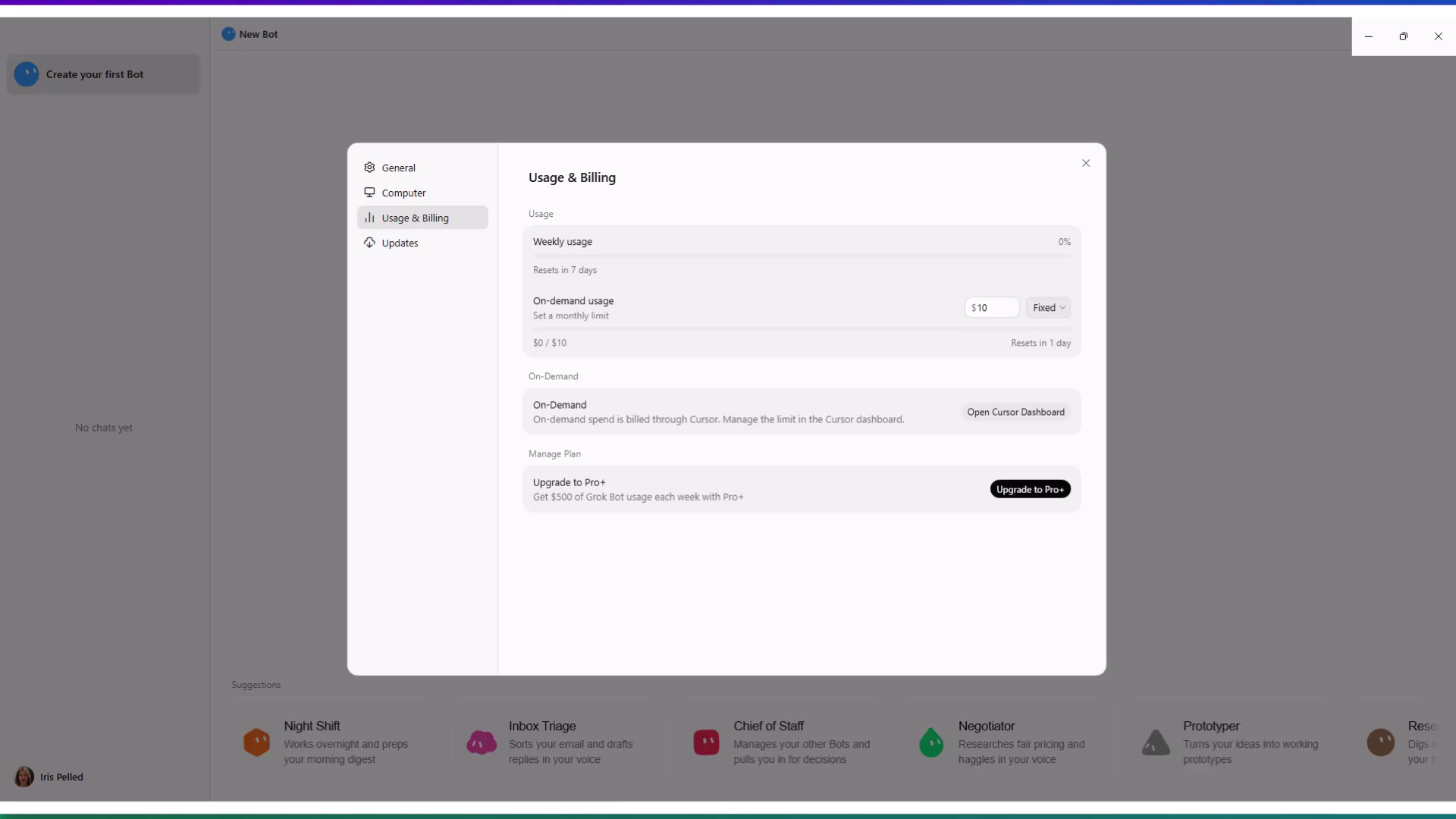 מסך Usage and Billing עם שימוש שבועי ואפשרויות שדרוג