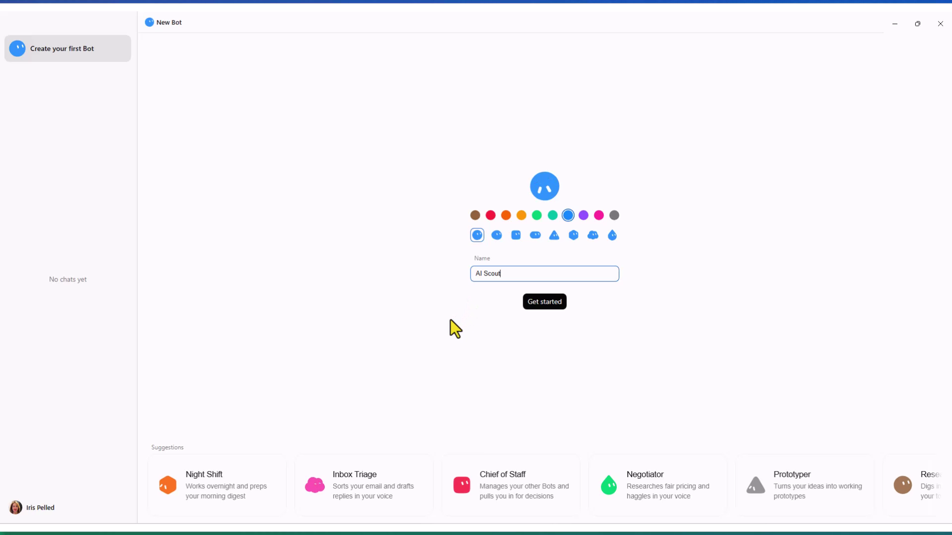 מסך יצירת בוט חדש, עם שדה Name וכפתור Get started